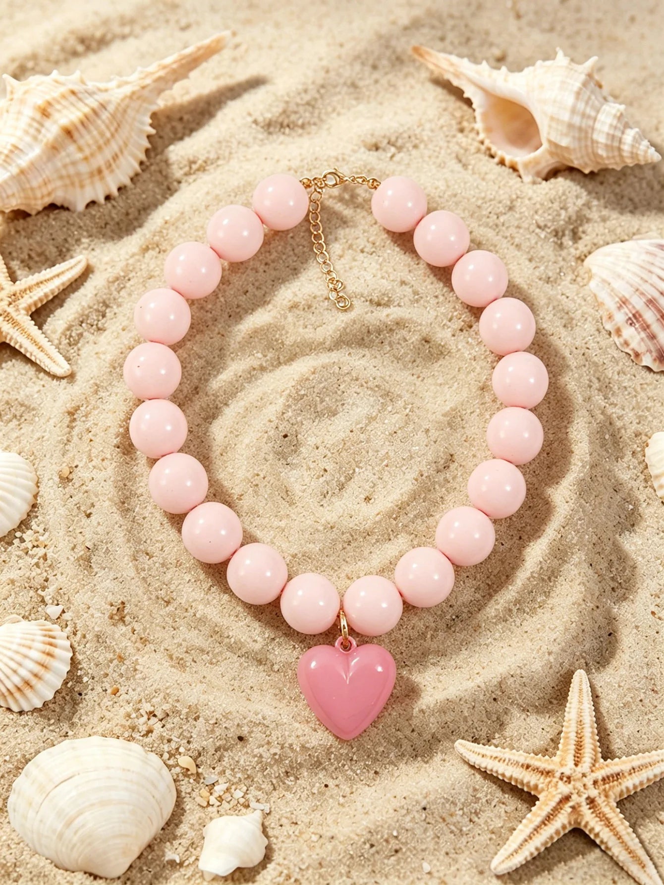 Pink Resin Beads with Detachable Pink Heart Pendant Necklace for Women Y2K Style Statement Jewelry Summer Party Gifts Accessory