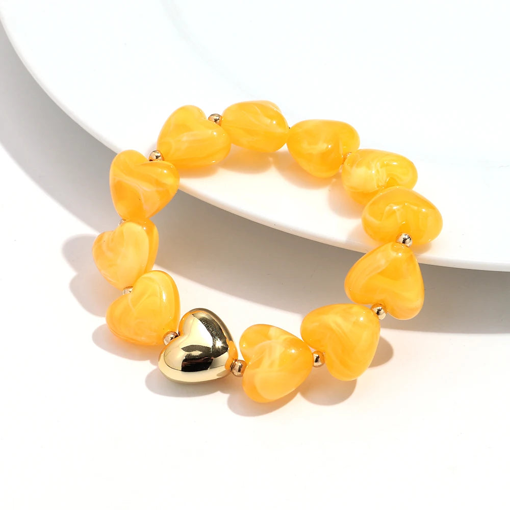 Sweet Resin Love Heart Beads Elastic Bracelets for Women Cute Geometric Heart Shape Stretch Bracelet Party Jewelry Gifts