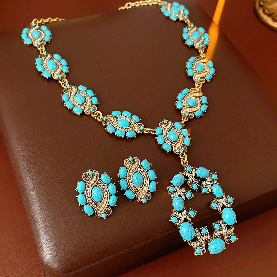 1/2 Pcs Vintage Cross Blue Oval Pendant Neckalces Women Mediaeval High-End Dangle Earrings Statement Banquet Jewelry Sets N