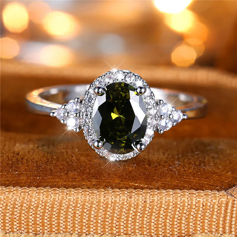 Cute Female Black Oval Zircon Stone Engagement Ring Trendy Silver Color Bride Wedding Jewelry Gift For Women