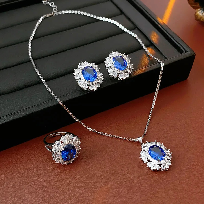 Medium Vintage Inlaid Rhinestone Three-piece Jewelry Set Oval Ring Earring Light Luxury Fashion Necklace Accessories Set