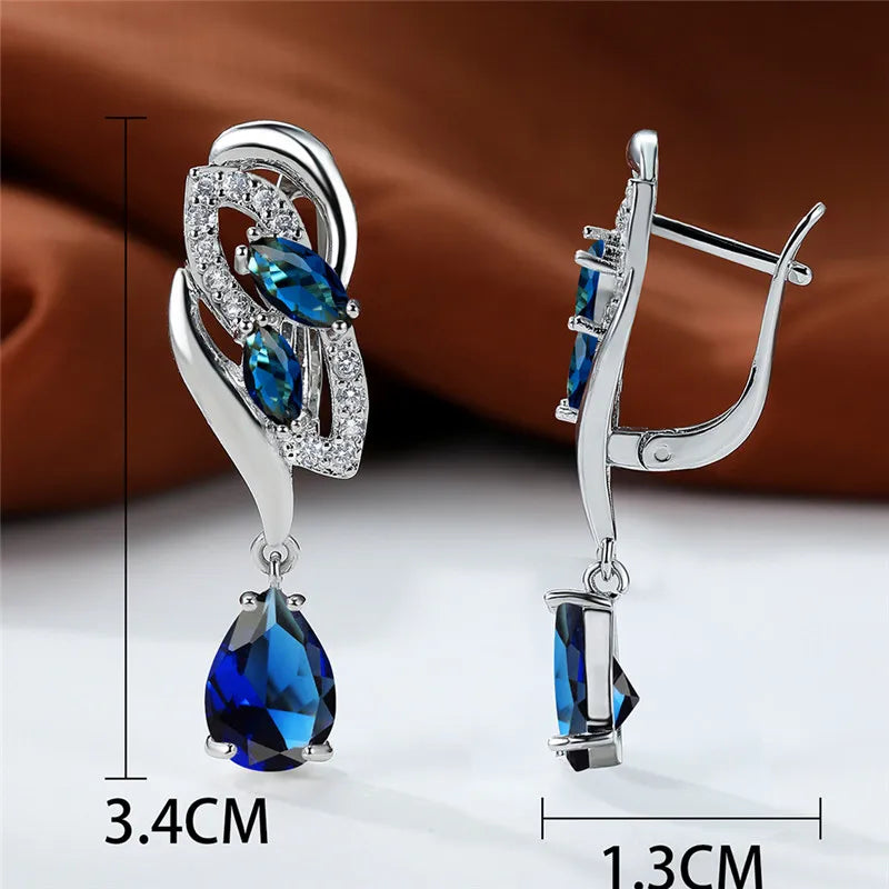 Luxury Female Blue Rainbow Stone Earring Silver Color Clip Earrings For Women Charm Crystal Zircon Wedding Jewelry