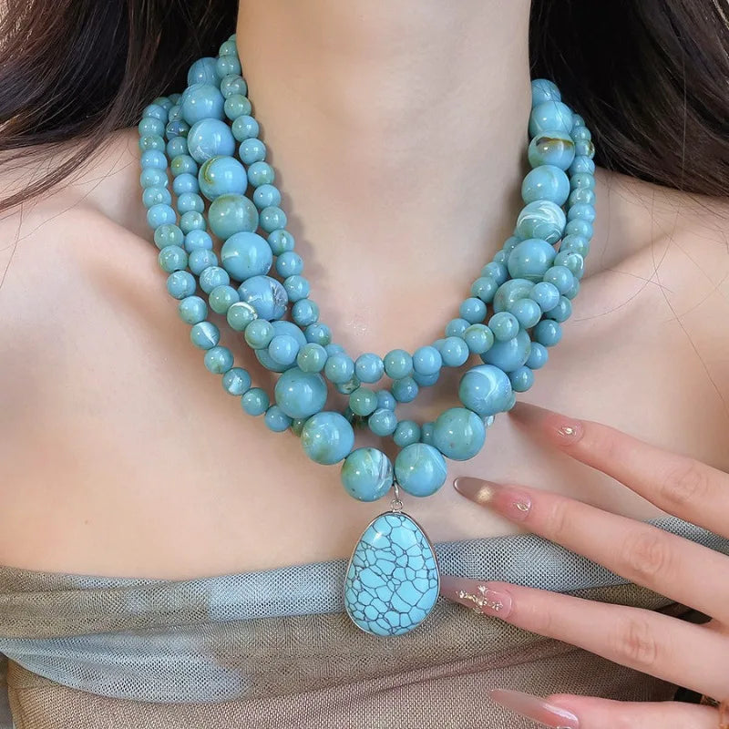 Multilayer Acrylic Beaded Necklaces Geometric Heart Pendant Turquoise Boho Vintage Ethnic Chokers Collarbone Chain Women Jewelry