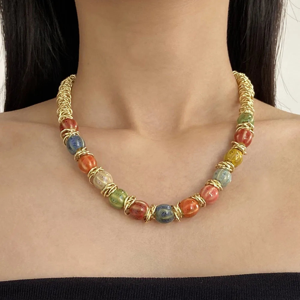 NISHIZAWA Colorful Necklaces for Women Palace Style Elegant Fashion Chokers Jewelry Beaded Hyperbole Retro Collares Para Mujer