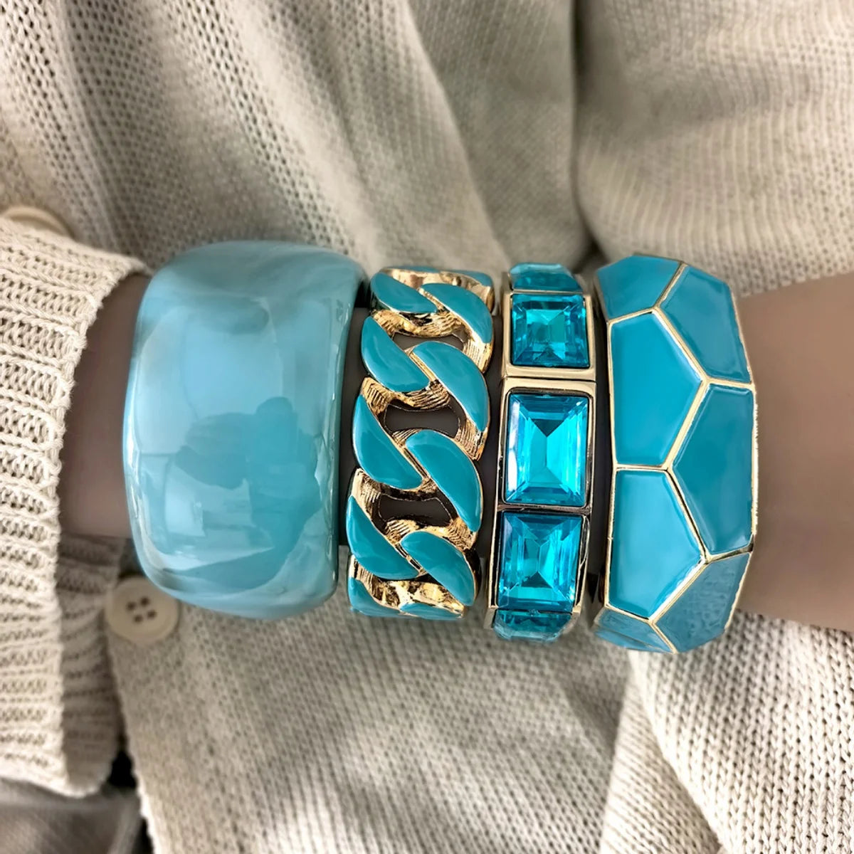 KMVEXO Irregular Geometric Cutting Blue Enamel Metal Wide Bangles for Women Summer Beach Distort Bracelet Pulseras Jewelry