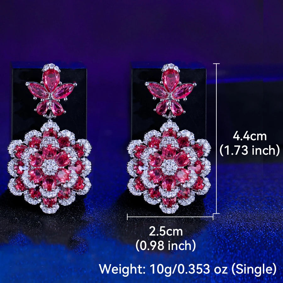 ThreeGraces Elegant Red Zirconia 3D Design Long Flower Dangle Earrings for Women Luxury Bridal Wedding Party Jewelry E1986