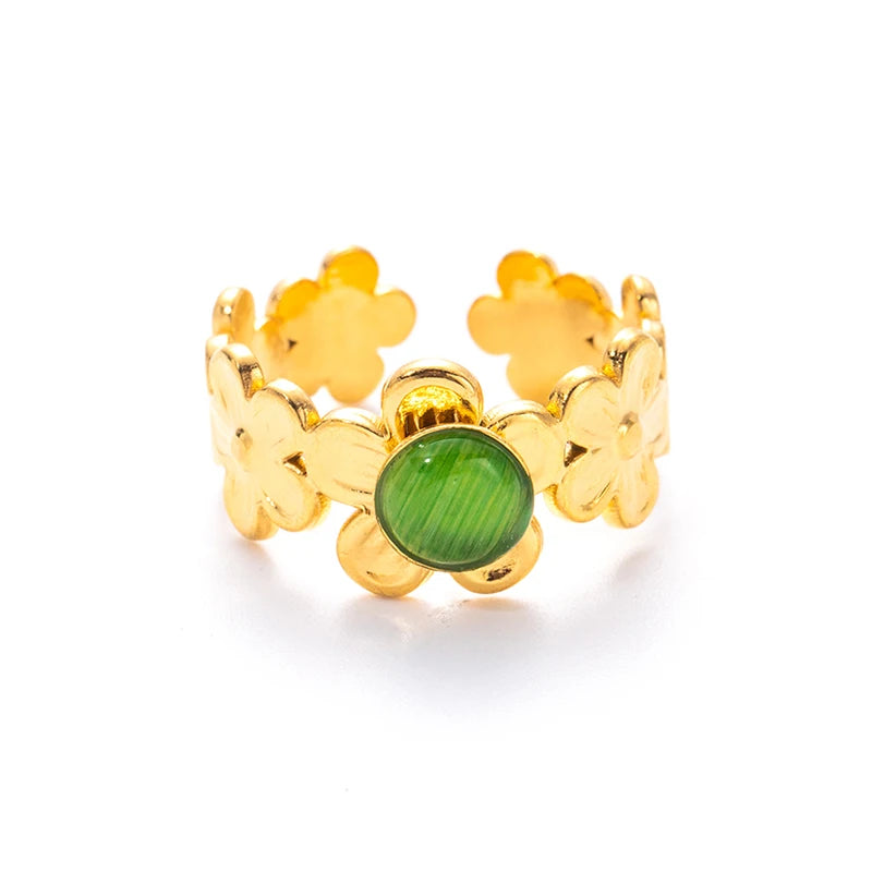 ANENJERY 316L Stainless Steel Flower Inlaid Colorful Stone Open Ring for Women Men Beauty Delicate Jewelry Gifts Wholesale