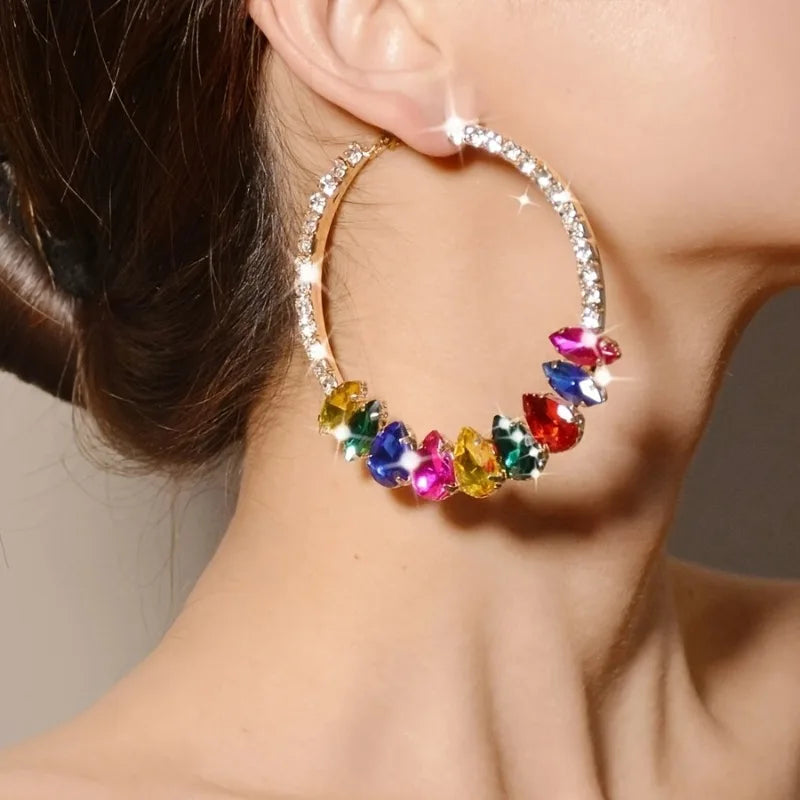 1 Pair Luxury Fashion Statement Hoop Earrings Multicolor Rhinestone Embellished Round Circle Design Ear Jewelry Gifts for Women