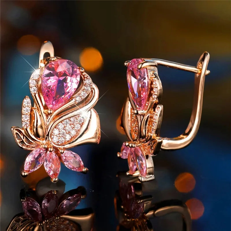 Luxury Female Pink Zircon Hoop Earrings For Women Gold Color Wedding Jewelry Daily Accessories Party Jewelry Gift for Girlfriend