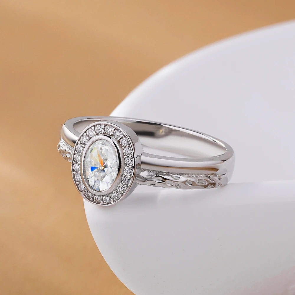 0.5CT Bezel Set Oval Cut Moissanite Halo Ring for Women Lab Diamond 925 Sterling Silver Double Row Wedding Band Jewelry With GRA