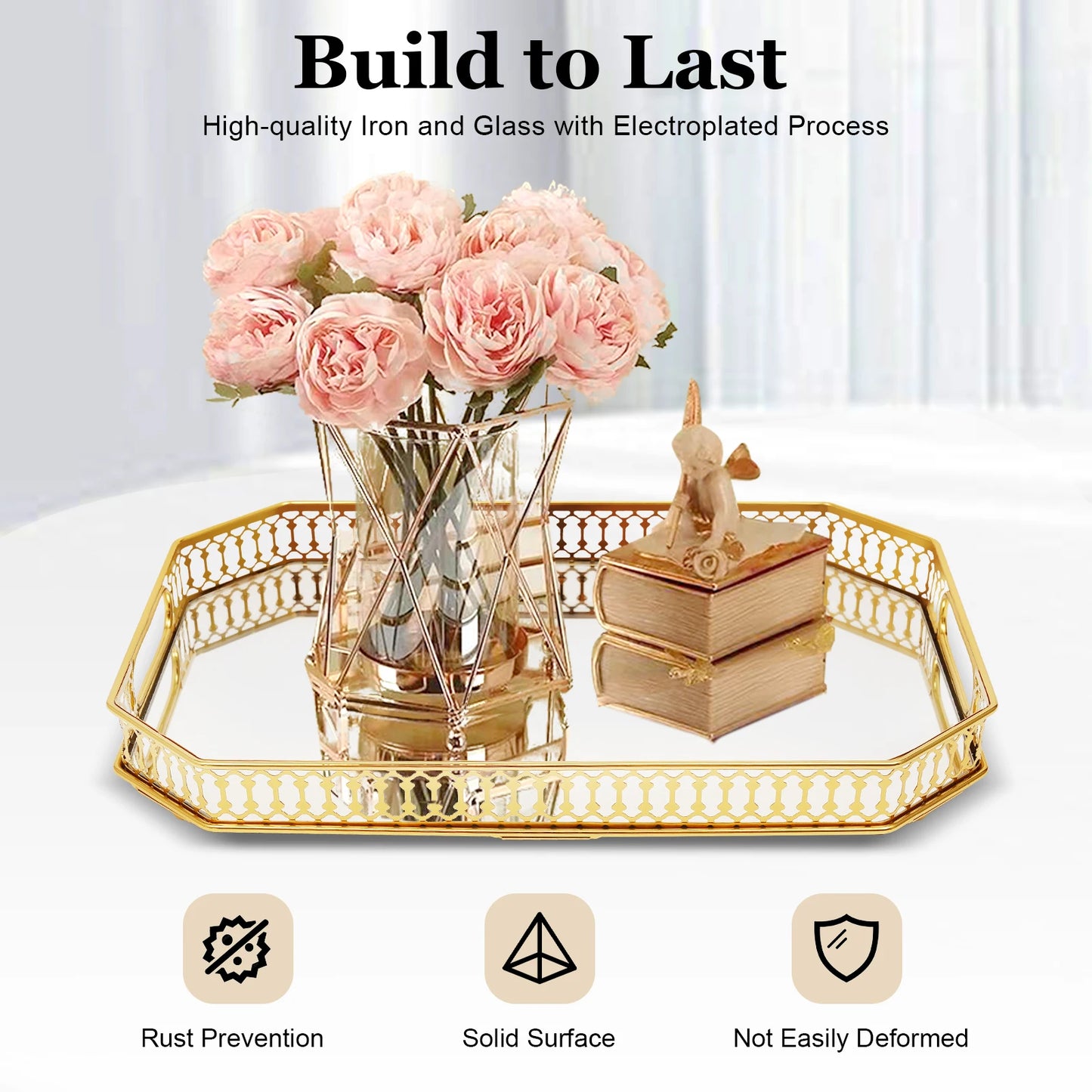 Gold Electroplated Iron Glass Serving Tray Rectangular Cut-out Handles Raised Edge Spherical Feet Decorative Vanity Tray