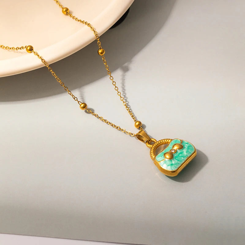 ANENJERY 316L Stainless Steel Colorful Enamel Hat Bag Pendant Necklace For Women Niche Luxury Design Fashion Jewelry Wholesale