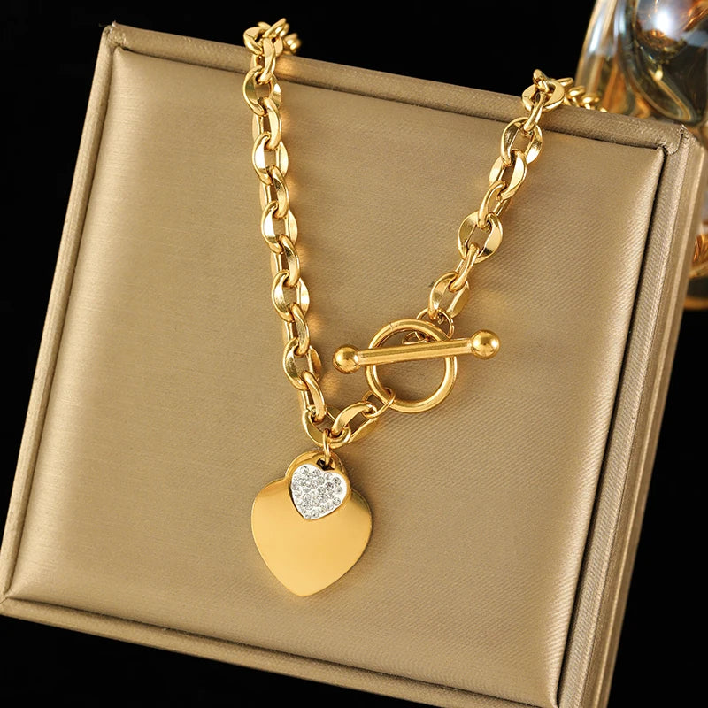 EILIECK 316L Stainless Steel Heart Love Pendant Necklace For Women Trendy Gold Silver Color Waterproof Neck Chain Jewelry Gift