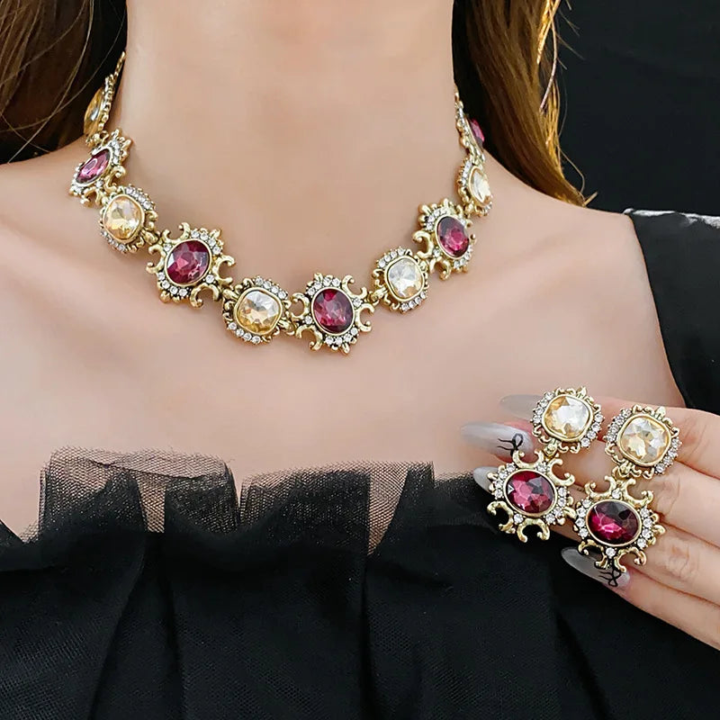 Vintage Square Rhinestone Round Drop Earring Chain Necklace Palace Style Luxury High-end Design Women's Jewelry Sets Wedding J