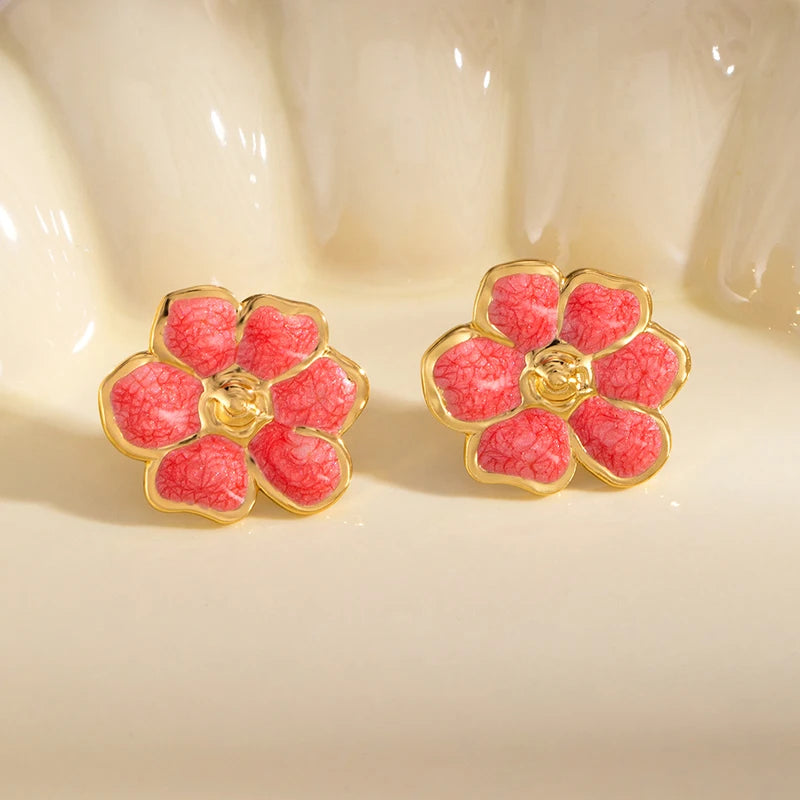 ANENJERY 316L Stainless Steel Colorful Enamel Flower Stud Earrings For Women Temperament Luxury Niche Simple Jewelry Gift