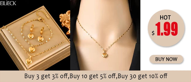 EILIECK 316L Stainless Steel Gold Color Heart Love Necklace Earrings Trendy For Women New Party Gift Waterproof Jewelry Set
