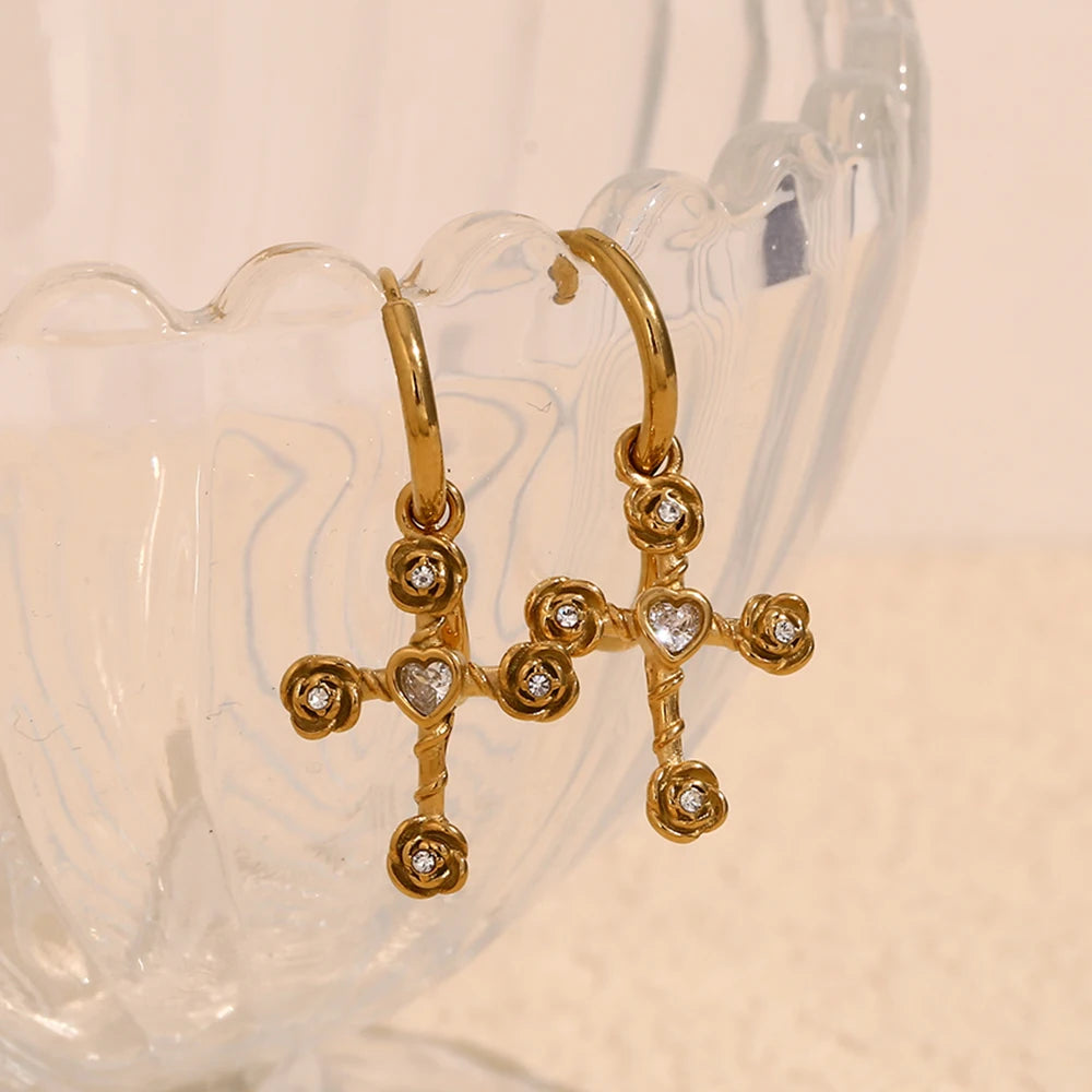 E.B.belle White Rhinestone Rose Cross Necklace Earring Flower Jewelry Set Stainless Steel 18K Gold Plated Waterproof Charm