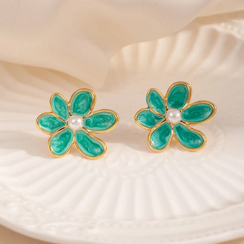 ANENJERY 316L Stainless Steel Colorful Enamel Flower Butterfly Earrings For Women French Delicate Elegant Jewelry Birthday Gifts