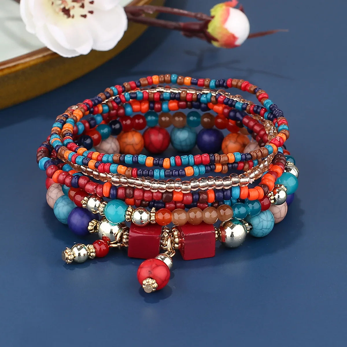 Bohemia Colorful Rice Beads Bracelet Set For Women Summer Handmade Beaded Chain Bangle Female Boho Ethnic Jewelry Gift