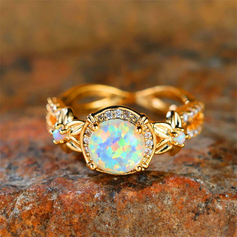 Cute Female Round White Fire Opal Stone Ring Yellow Gold Color Flower Engagement Rings For Women Charm Wedding Jewelry