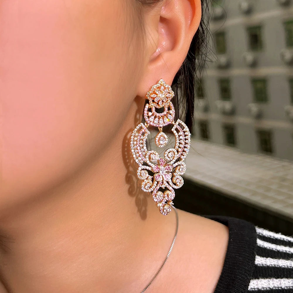 ThreeGraces Vintage Pink Zirconia Luxury Long Big Dangle Earrings for Women Delicate Wedding Evening Party Jewelry E1764