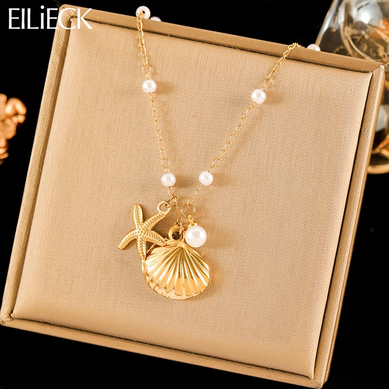 EILIECK 316L Stainless Steel Shell Starfish Pearl Pendant Necklace For Women Fashion New Party Gift Charm Neck Chain Jewelry