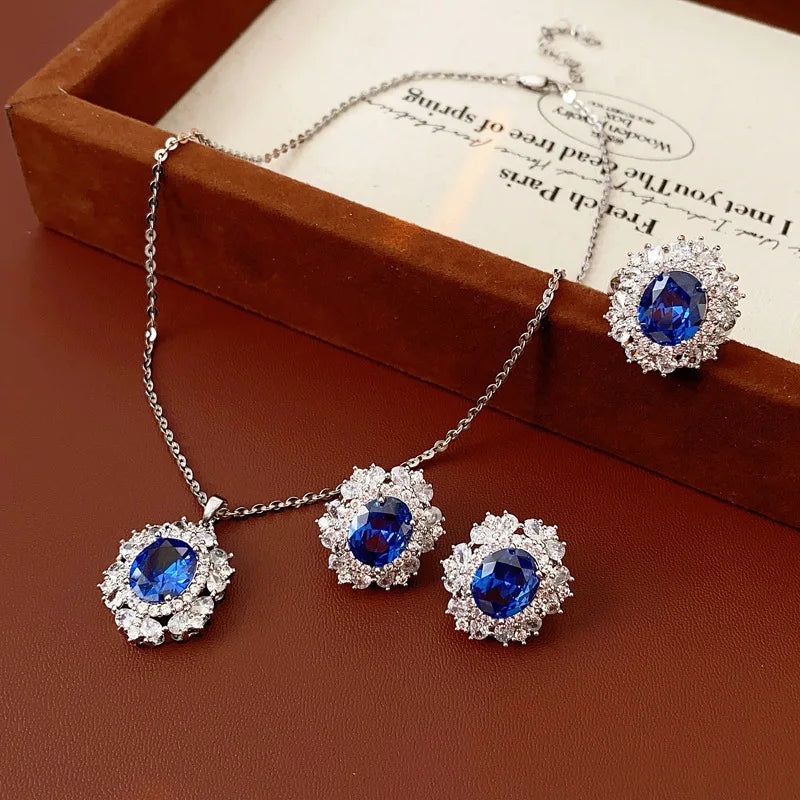 Medium Vintage Inlaid Rhinestone Three-piece Jewelry Set Oval Ring Earring Light Luxury Fashion Necklace Accessories Set