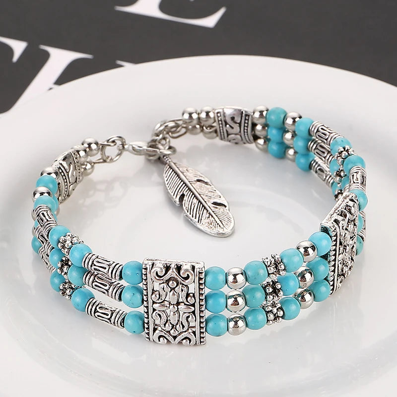 Vintage Natural Stone Bohemian Bracelet For Women Handmade Jewelry Blue Round Beads Carved Boho Bracelets Bangles Femme Pulseras
