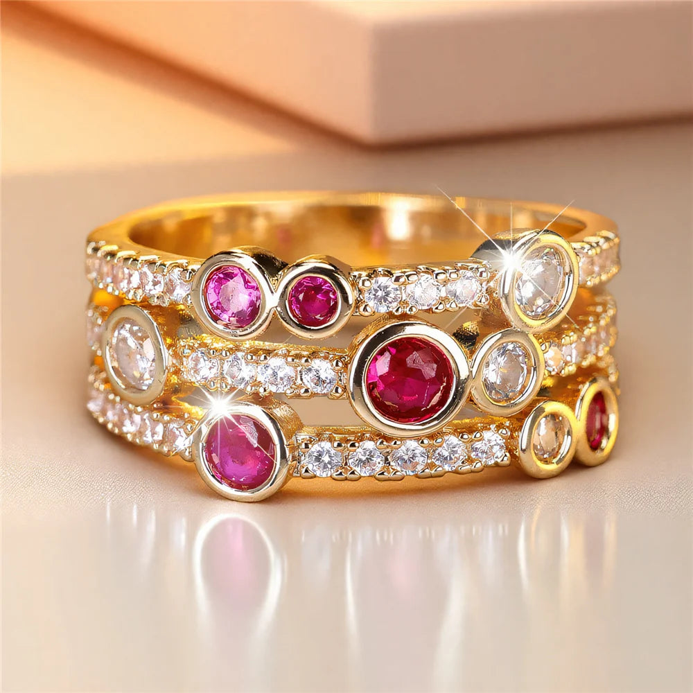 Cute Female Rose Red Zircon Stone Gold Color Wedding Jewelry Promise Engagement Rings For Women