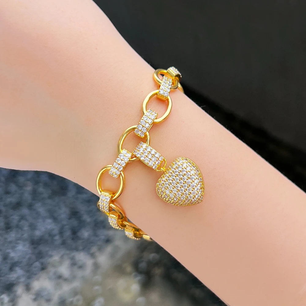ThreeGraces Luxury Shiny Zirconia Love Heart Charm Cuban Link Chain Bracelet for Women Fashion Daily Party Jewelry BR342