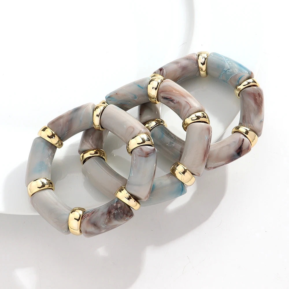3pcs Fashion Chunky Tube Beaded Elastic Bangle Bracelets Acrylic Marbled Geometric Curved Beaded Bracelet Vintage Jewelry Gifts