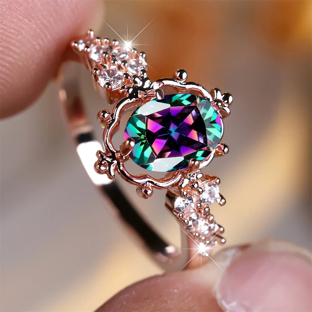 Mystic Rainbow Crystal Oval Stone Flower Rings For Women Trendy Rose Gold Color Wedding Ring Bridal Engagement Band Jewelry Gift