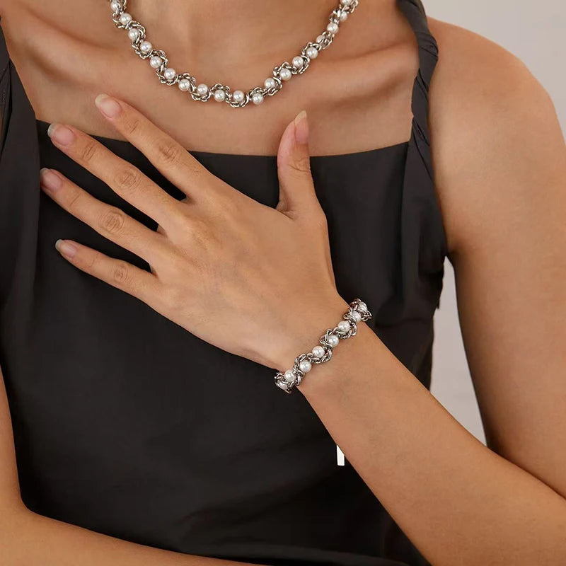 EILIECK 316L Stainless Steel Pearl Chain Necklace Bracelet Set For Women Fashion Waterproof Silver Color Jewelry Set Gift Party