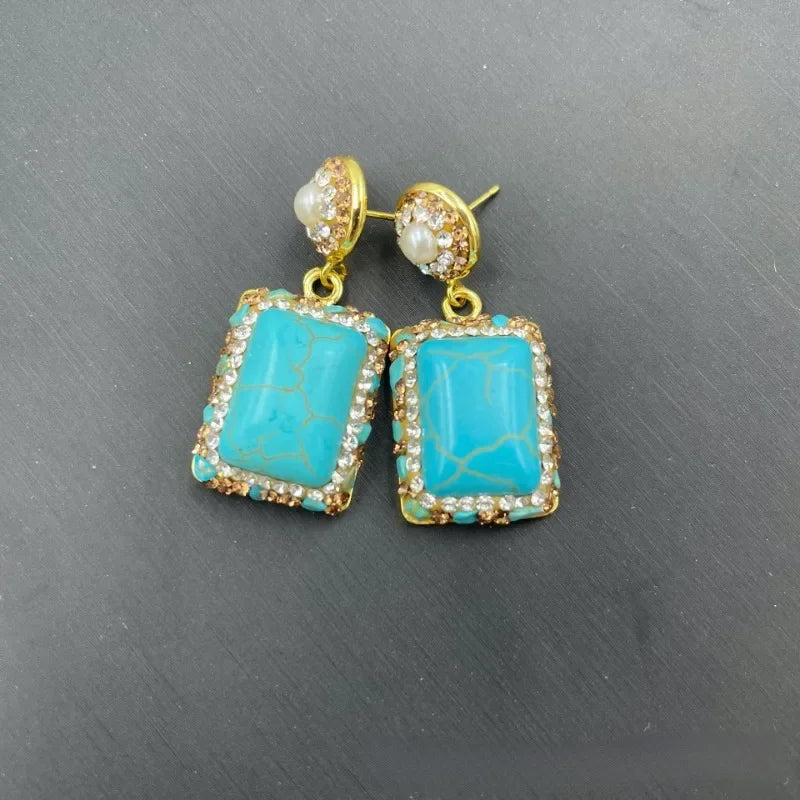 Turkish Natural Blue Turquoise Earrings Women Gemstone Rhinestone Crystal Jewelry Sets Party Wedding Dress Accessories Aretes