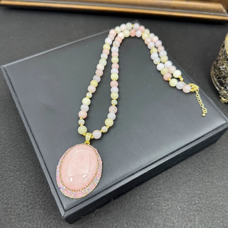 Trendy Natural Rose Quartz Crystal Tourmaline Stone Set Necklace Earring Party and Wedding Jewelry