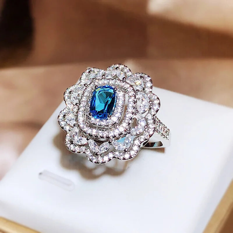 925 Silver Vintage Floral Blue Gemstone Ring Oval Sapphire Double Halo Cubic Zirconia Women Party Statement Ring