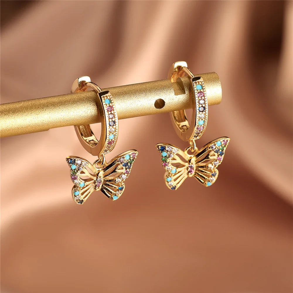 Cute Female Colorful Butterfly Round Zircon Stone Hoop Earrings Gold Color Unique Girlfriend Gifts Wedding Jewelry For Women