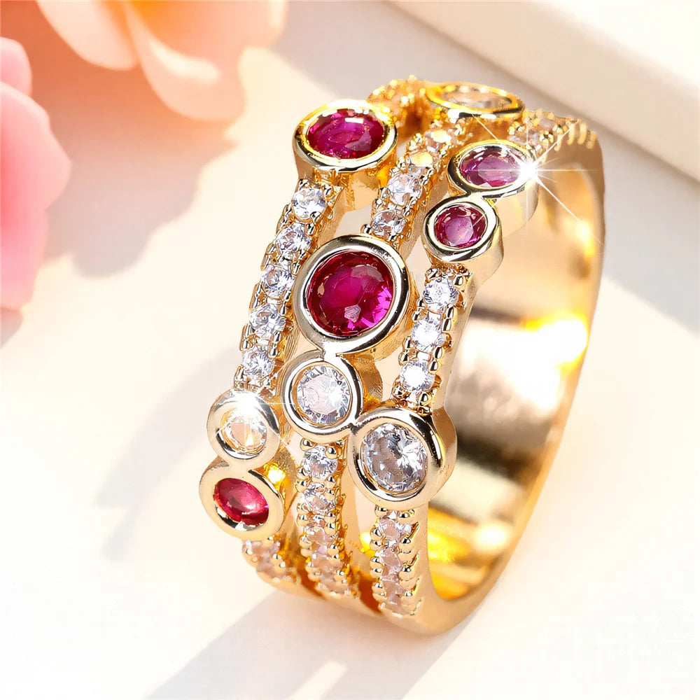 Cute Female Rose Red Zircon Stone Gold Color Wedding Jewelry Promise Engagement Rings For Women