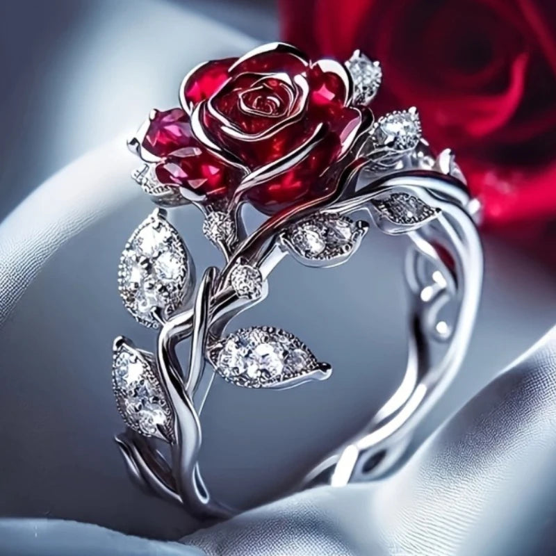 Bohemian Flower Red Crystal Rings for Women Girl Gorgeous Silver Color Ring Wedding Engagement Christmas Valentine's Day Gift