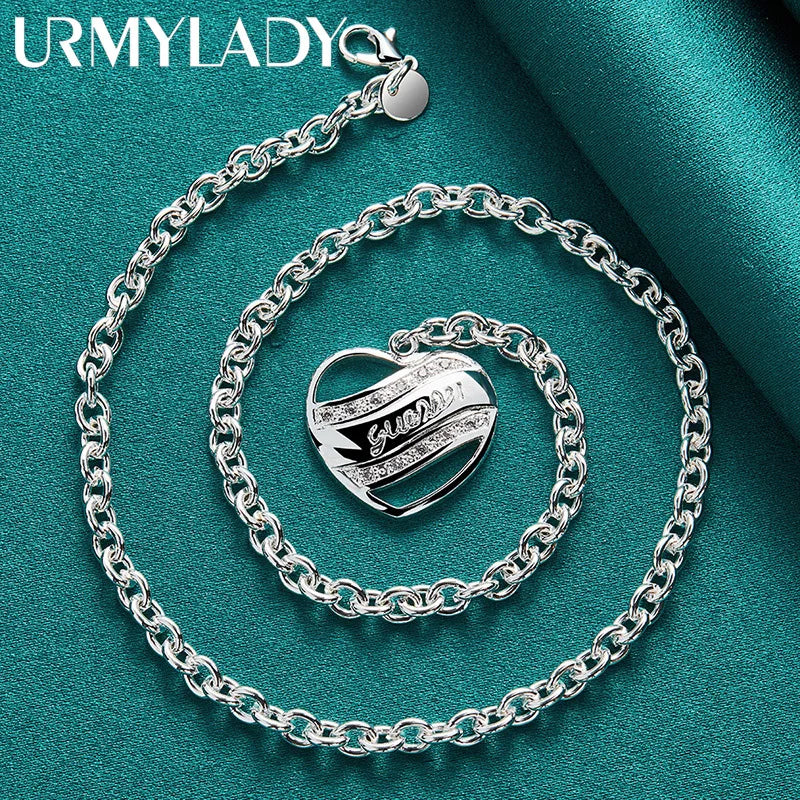 URMYLADY 925 Sterling Silver Love Heart 18 Inch Pendant Necklace For Women Wedding Engagement Fashion Party Jewelry