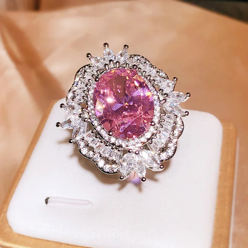 925 Silver Ring New Water Drop Shaped Pink Zircon Full Diamond Opening Ring For Women's Party Wedding Jewelry Gift