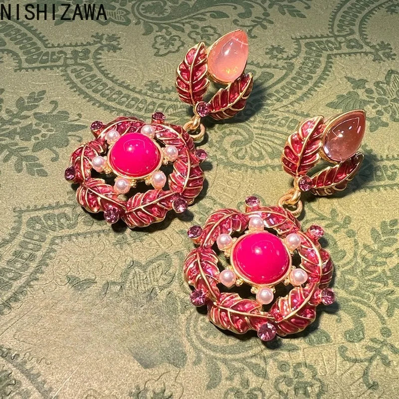 NISHIZAWA Pink Flowers Earrings for Women Enamel Vintage Court Style Jewelry Fashion Exquisite Elegant Pendientes Mujer