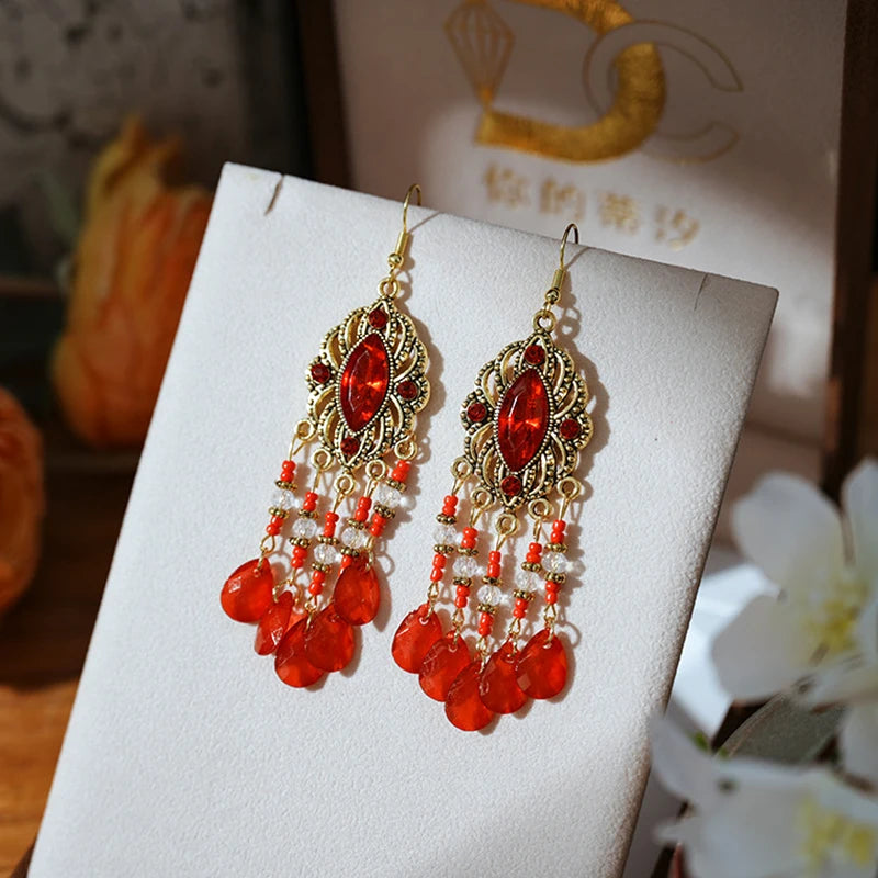 New Bohemian Ethnic Colorful Water Drop Tassel Earrings for Women Long Hollow Antique Gold Color Dangle Earring Pendientes Mujer