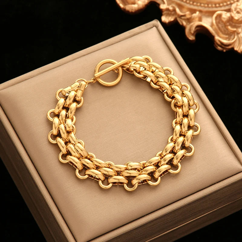 EILIECK 316L Stainless Steel Gold Color Thick Chain Bracelet For Women Men New Trendy Waterproof Wrist Chain Jewelry Gift Party