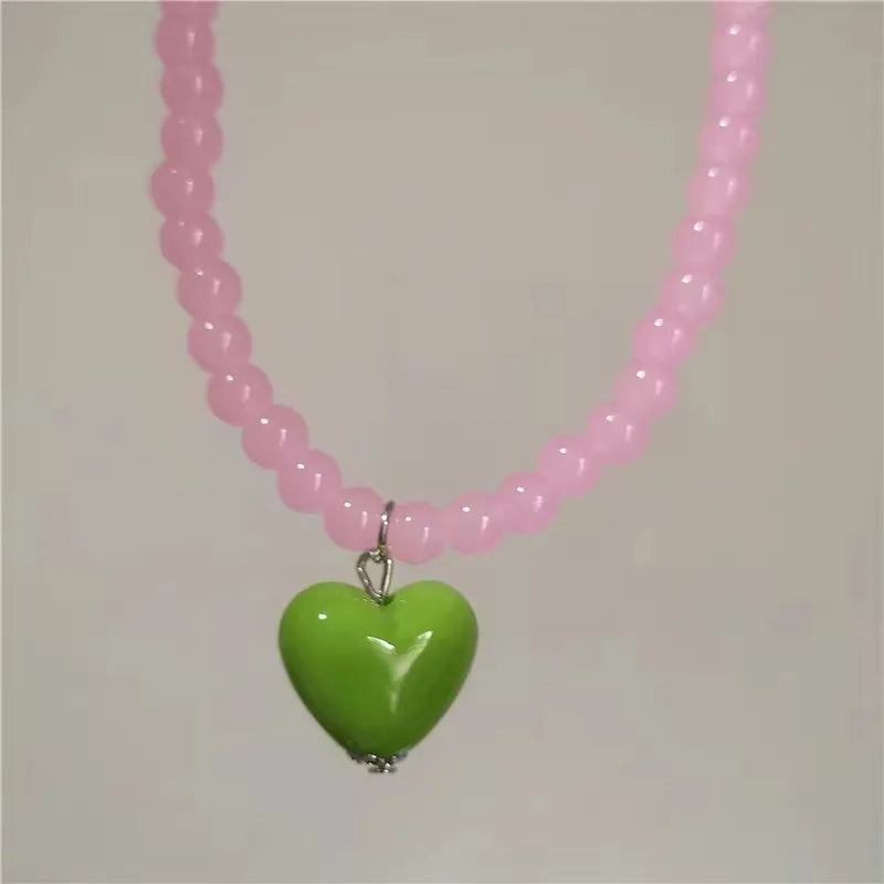 Kpop Resin Candy Color Heart Pendant Glass Beaded Short Choker Collar Neck Necklace Aesthetic Charm Jewelry Y2K Accessories