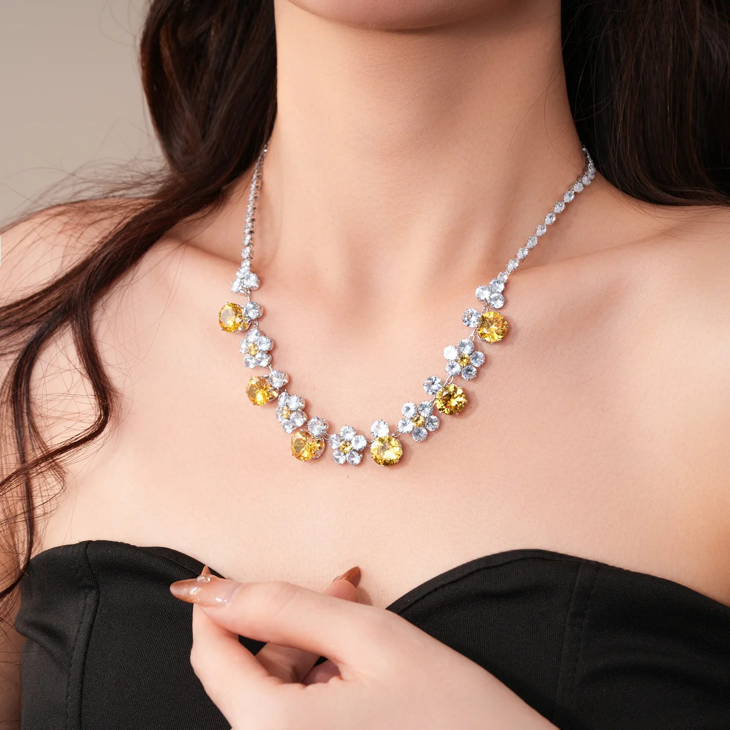 2 Pcs Reteo Flower Rhinestones Chokers Necklaces for Gathering Bling Color-block Dangle Earrings Banquet Anniversary Set H