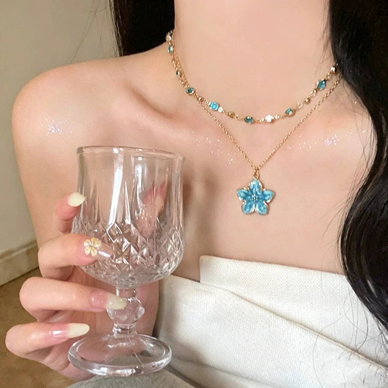 2Pcs/Set Pink Flower Pendant Crystal Gold Color Chain Stacking Choker Clavicle Chains Necklace Sets For Women Charm Neck Jewelry