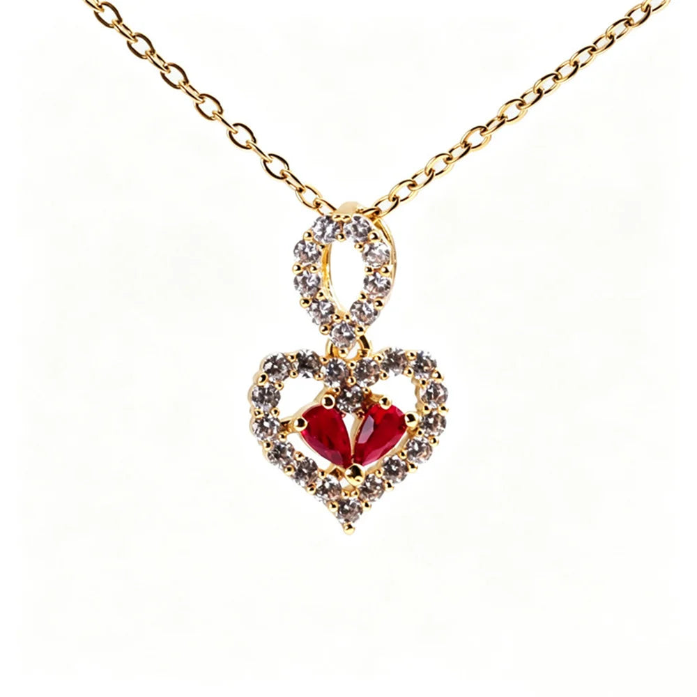 Small Heart Love Charm Female White Red Bule Zircon Fashion Pendant Necklace Gold Silver Color Wedding Jewelry For Cute Women