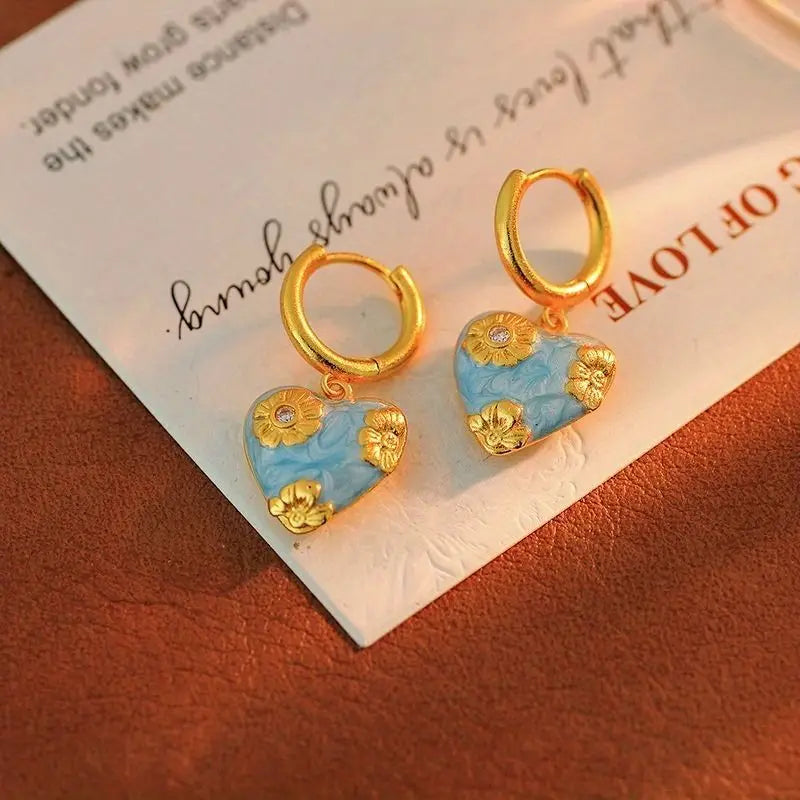 French Retro Enamel Drop Oil Flower Pendant Earrings with Oil Painting Style, High-End Fashion, Collarbone Chain, Heart-Shaped E