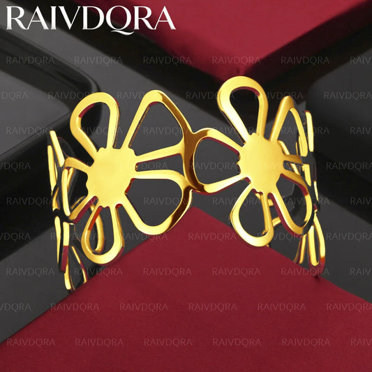 18K Gold Plated 58mm Flowers Open Bangle Bracelet For Women Fashion Jewelry Adjustable Party Birthday Gifts
